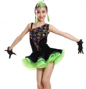 Navy velvet neon green patchwork one shoulder rainbow decor girls kids children stage performance latin salsa ballroom dance dresses outfits